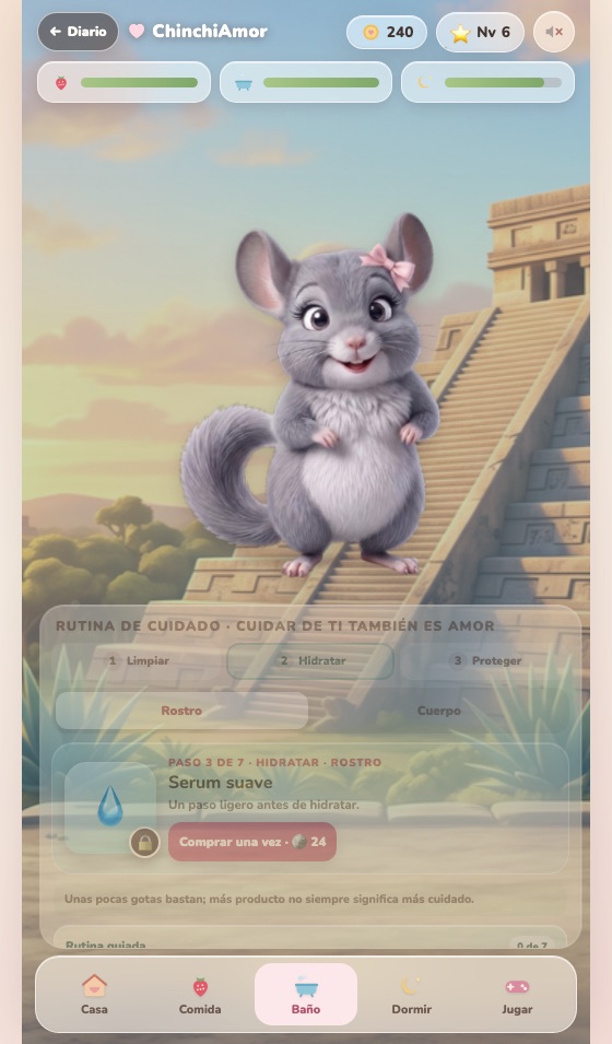 Rutina guiada de cuidado de rostro y cuerpo en ChinchiJuego